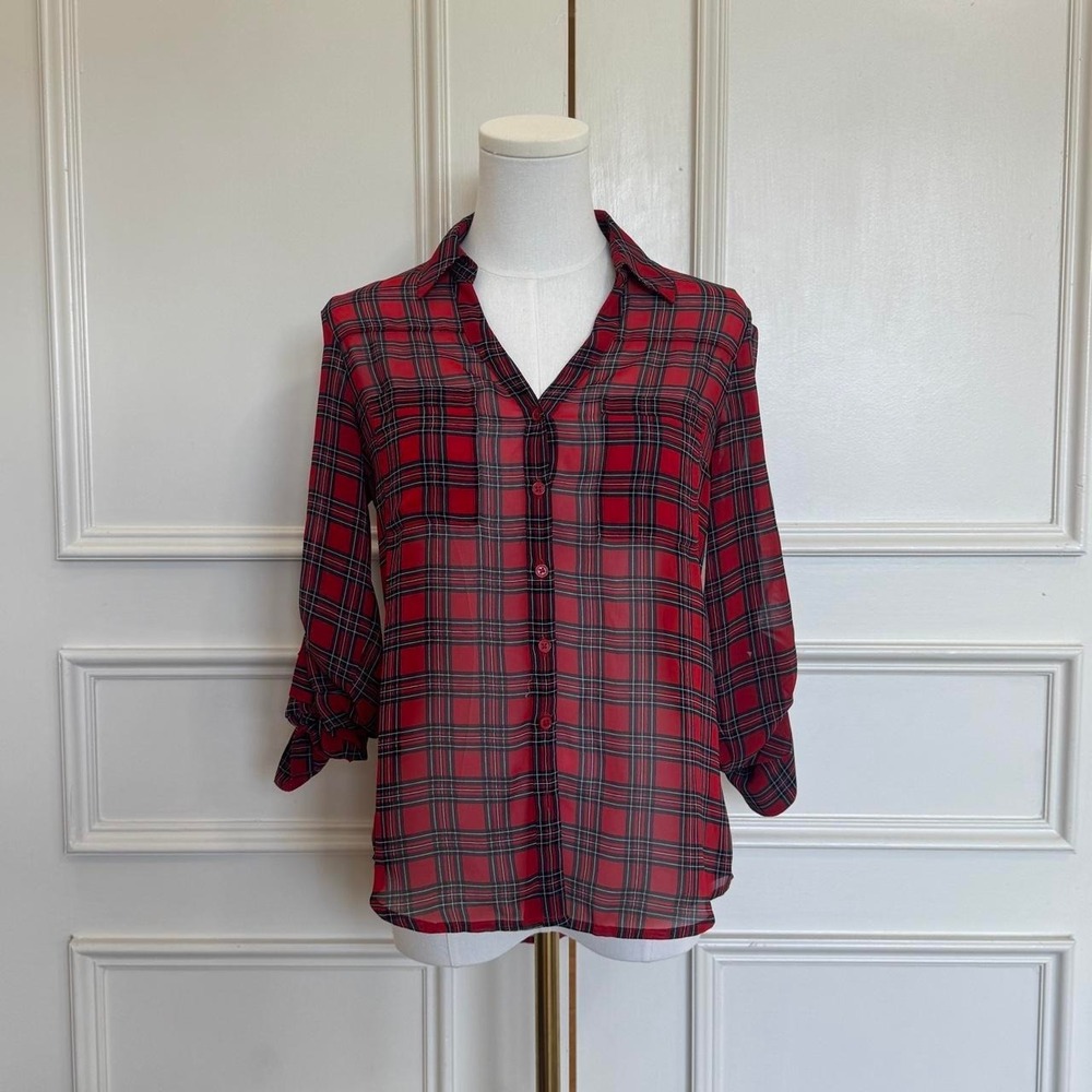 Express Portofino Shirt Women's XS Red Plaid Sheer Blouse Preppy Dark Academia